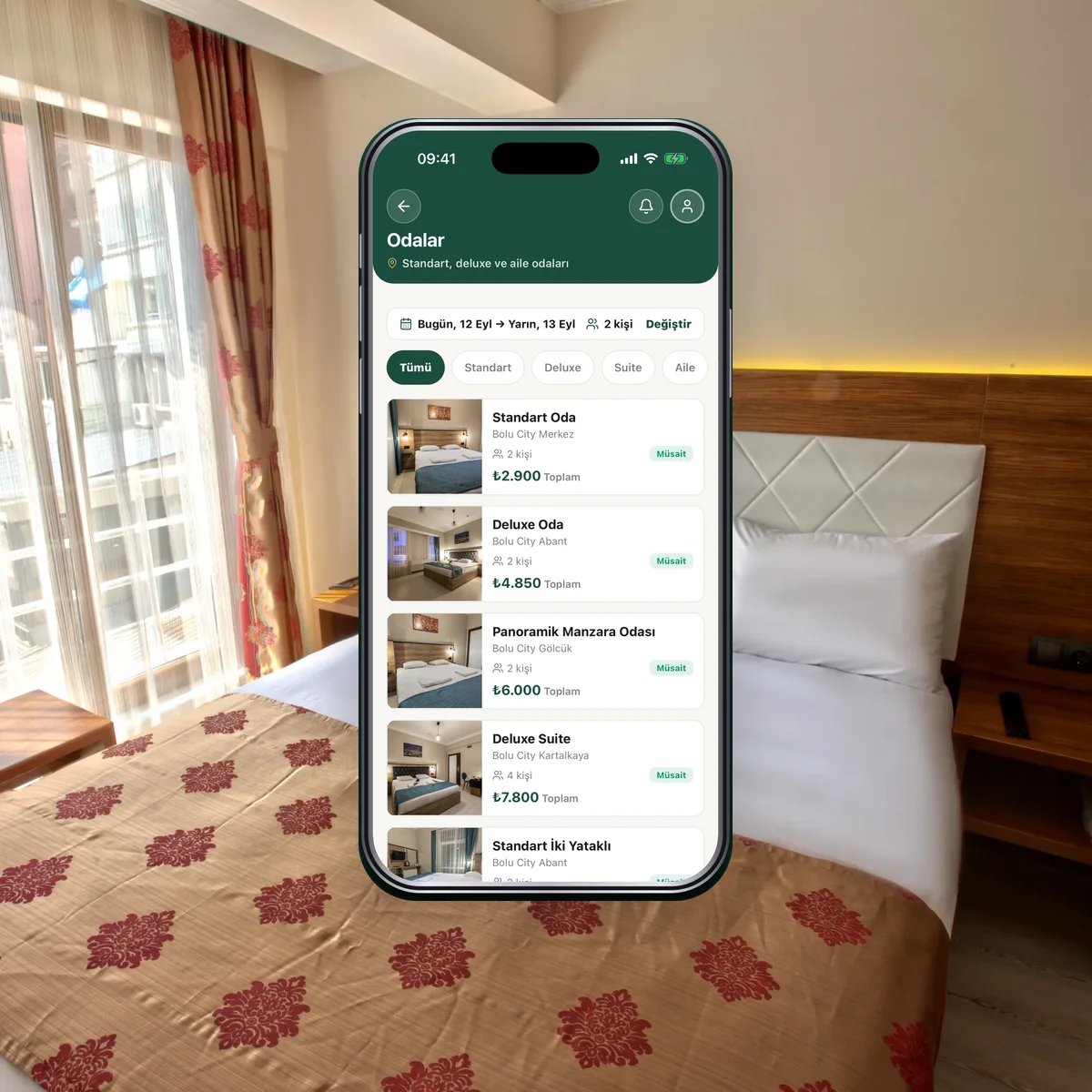 Bolu City Otel odası ve Atalay Tech'in geliştirdiği misafir uygulamasının oda listesi